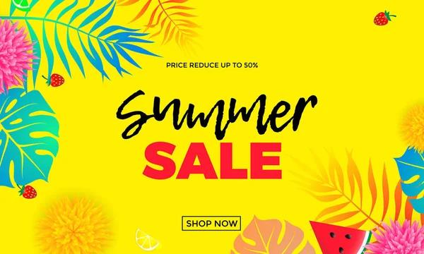 Precio de venta de verano reducir el vector de compras banner hoja de palma — Vector de stock