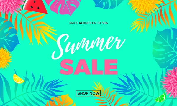Precio de venta de verano reducir el vector de compras banner hoja de palma — Archivo Imágenes Vectoriales