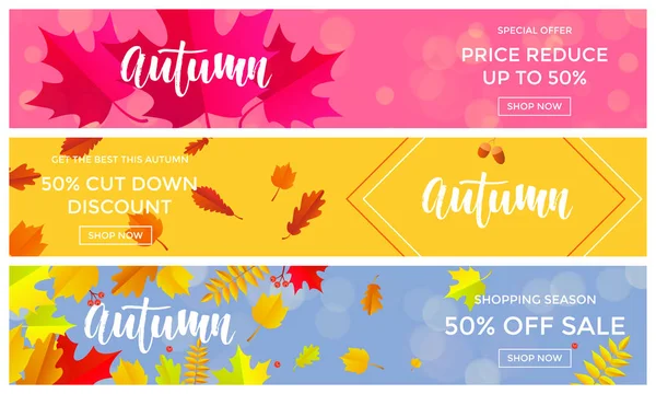 Outono venda compras desconto vetor cartaz queda bordo folha ouro web banner —  Vetores de Stock