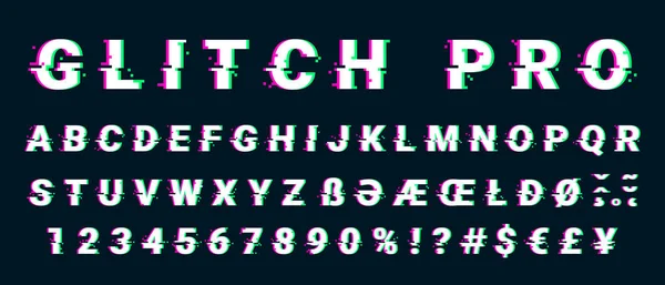 Glitch distorsionado juego de letras de fuente con efecto píxel roto — Vector de stock