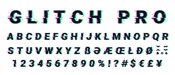 Glitch distorsionado juego de letras de fuente con efecto píxel roto — Vector de stock