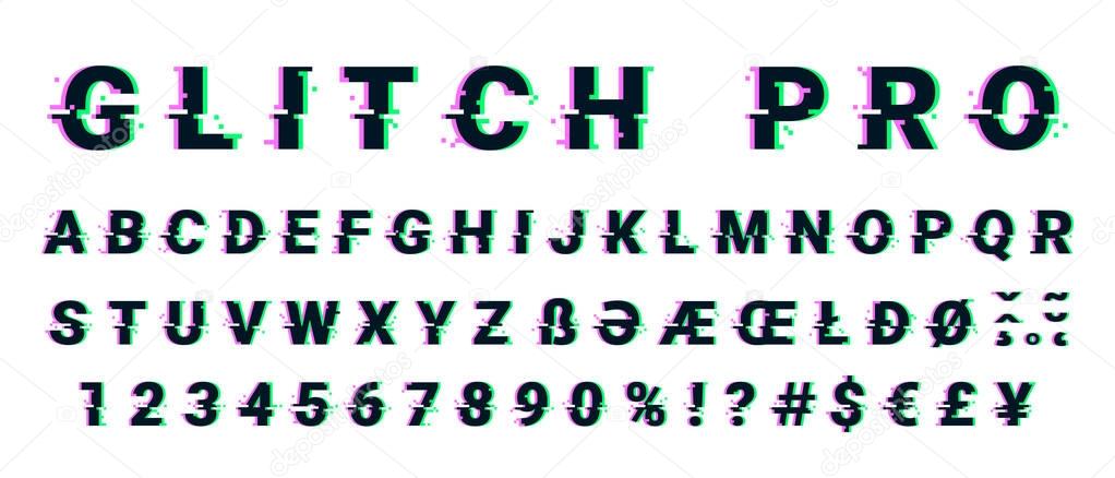 Glitch distorted font letter set with broken pixel effect