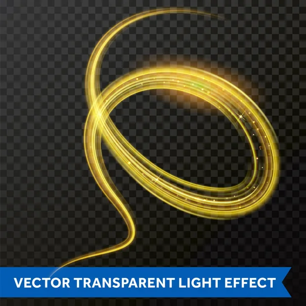 Effekt ljus linje guld virvel. Vector glitter ljus eld flare spår — Stock vektor