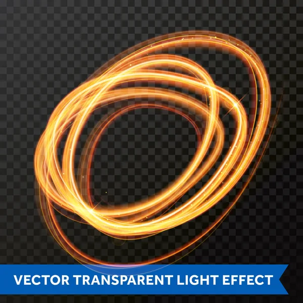 Vector ljuseffekt linje cirkel guld snurra. Glödande ljus eld flare spår. — Stock vektor