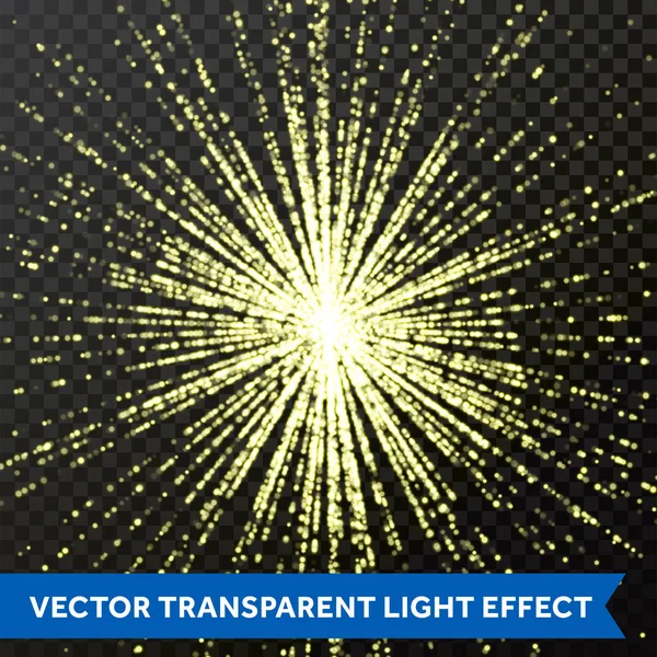 Glitering fényt sugarak, vagy gerendák csillogó fény hatása a átlátszó háttér — Stock Vector