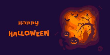 Mutlu Cadılar Bayramı vektör bayrağı üzerinde korkunç mezarlık balkabağı fener