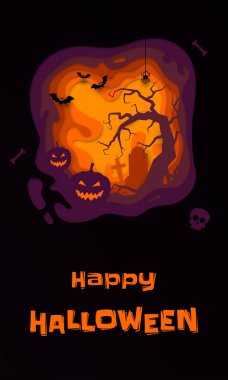 Cadılar Bayramı vektör afiş balkabağı, dolunay mezarlık ve kaldırıldı olarak işaretleme