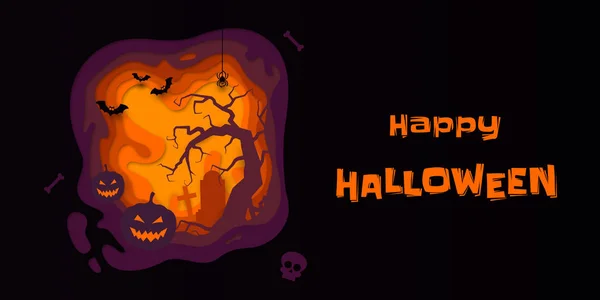 Halloween vektor banner pumpa, fullmånen gravplats och gravsten — Stock vektor