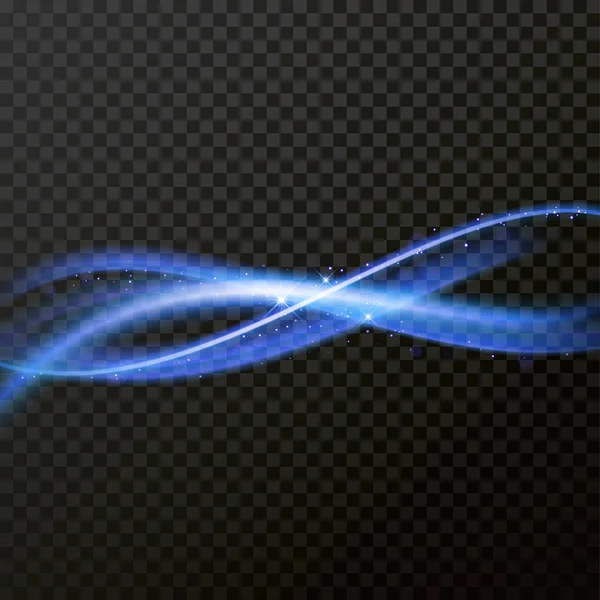 Línea de luz azul efecto de onda de neón. Vector brillo luz fuego llamarada rastro — Vector de stock