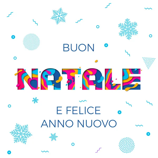 Buon Natale Feliz Natal italiano cartão vetor floco de neve papel escultura fundo — Vetor de Stock