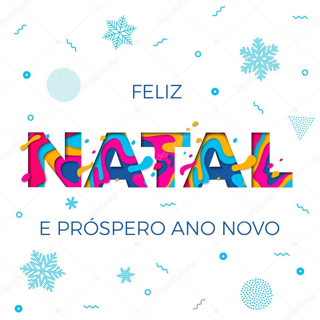 Feliz Natal Merry Christmas Portuguese greeting card vector papercut multi color layers