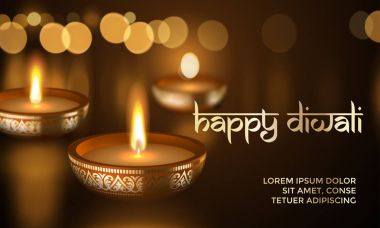 Mutlu Diwali altın mum ışık Hint tebrik kartı vektör metin yazı