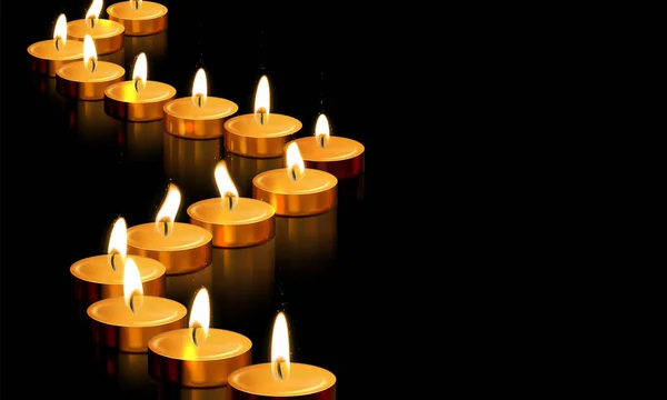 Kerze Gold Teelicht Licht Vektor Golden Memorial Gebet 3D realistisches Symbol — Stockvektor