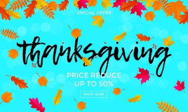 Şükran Günü Satılık poster sonbahar promo indirim web afiş vektör yaprak arka plan şablonu