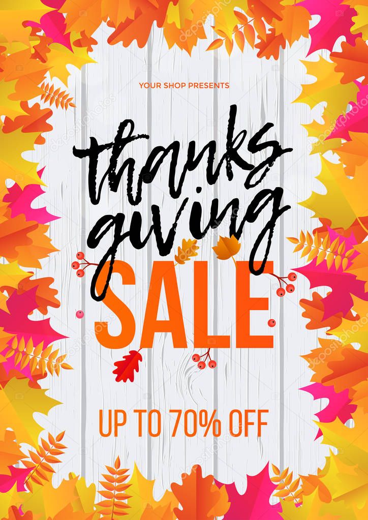 Thanksgiving sale poster autumn promo discount fall web banner vector leaf template
