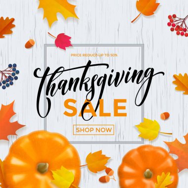 Şükran Günü Satılık poster sonbahar kabak promo indirim web afiş vektör yaprak şablonu