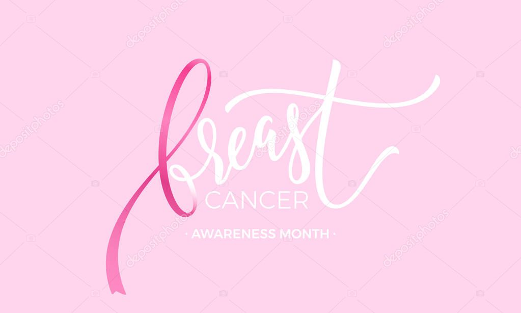 Breast cancer awareness month lettering emblem on pink background. Vector pink ribbon shaped in breast text lettering.