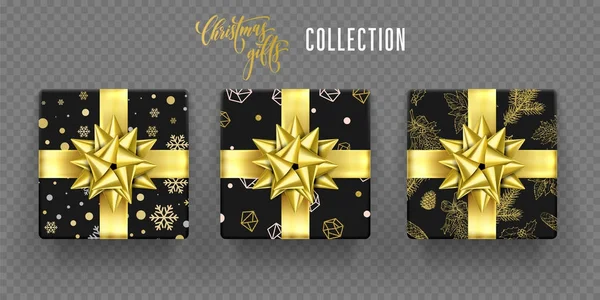 Boîte cadeau de Noël ruban d'arc doré vecteur Nouvel An salutations modèle d'emballage — Image vectorielle