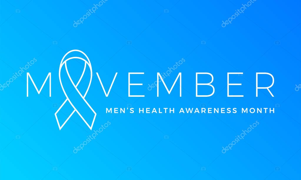Movember or November men health awareness month poster or banner of blue ribbon. Vector no shave symbol for social solidarity Movember event against man prostate cancer campaign