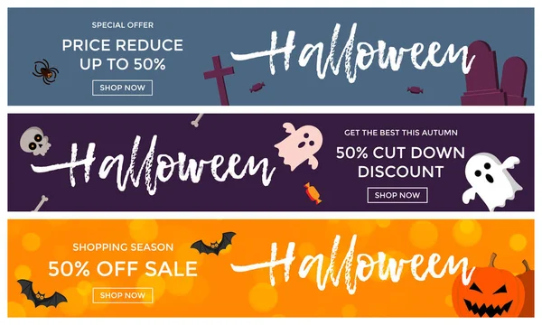 Halloween venda banners sazonal desenho animado abóbora monstros vetor fundo —  Vetores de Stock