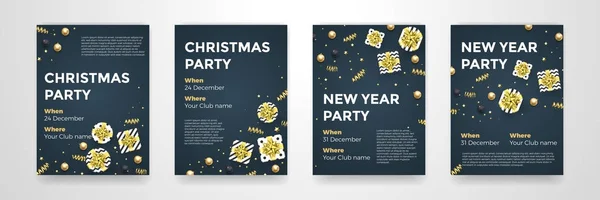 Natal Ano Novo férias de inverno festa cartazes vetor design dourado fundo preto — Vetor de Stock