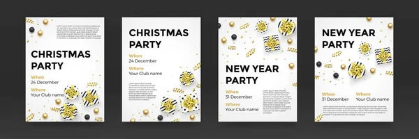 Noël Nouvel An hiver vacances fête affiches vectoriel design doré fond blanc — Image vectorielle