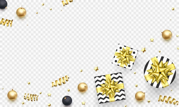 Χριστούγεννα νέο έτος ευχετήρια κάρτα φόντο πρότυπο χρυσά αστέρια κομφετί δώρο παρουσιάζει διακοσμήσεις — Διανυσματικό Αρχείο