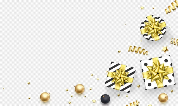 Різдвяна новорічна листівка шаблон фону золоті зірки конфетті подарунки прикраси — стоковий вектор
