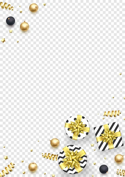 Natale nuovo anno biglietto di auguri sfondo modello d'oro stelle coriandoli regalo presenta decorazioni — Vettoriale Stock