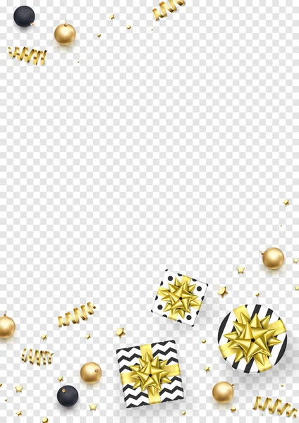 Jul nytår lykønskningskort baggrund skabelon gyldne stjerner konfetti gave præsenterer dekorationer – Stock-vektor