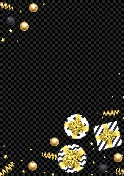 Різдвяна новорічна листівка шаблон фону золоті зірки конфетті подарунки прикраси — стоковий вектор