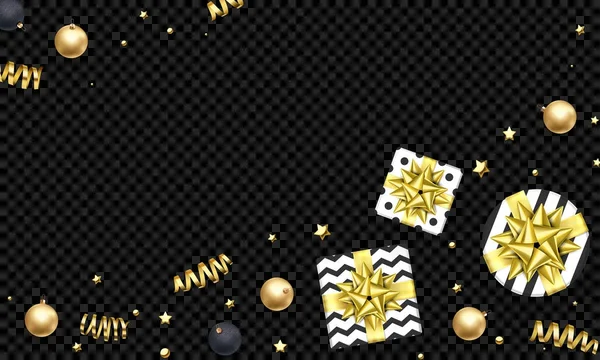 Kerstmis-Nieuwjaar wenskaart achtergrond sjabloon gouden sterren confetti geschenk presenteert decoraties — Stockvector