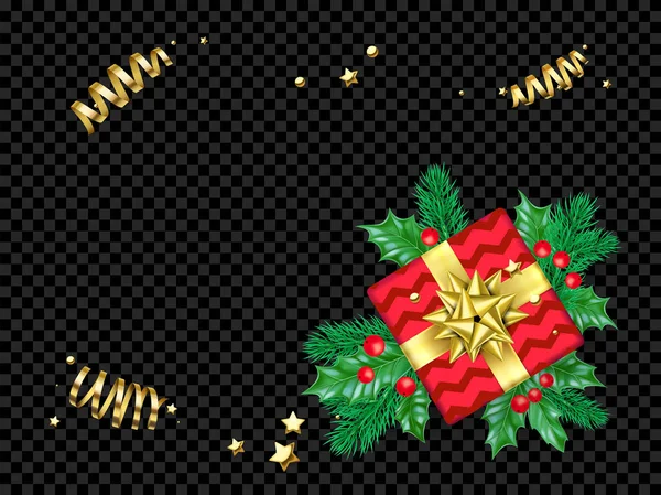 Yılbaşı yeni yıl tebrik kartı arka plan şablonu altın yıldız konfeti hediye süslemeleri sunar — Stok Vektör
