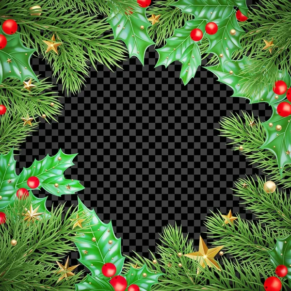 Jul nyår Gratulationskort bakgrund mall träd gren holly krans stjärnor ram — Stock vektor