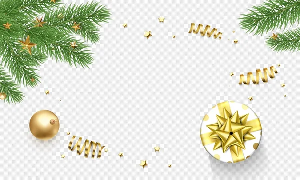 Noël Nouvel An carte de voeux fond modèle étoiles dorées cadeaux confettis décorations — Image vectorielle
