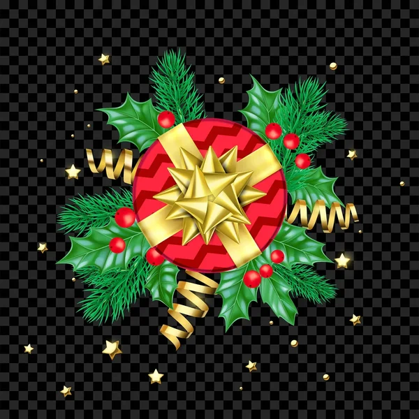 Noël Nouvel An carte de voeux fond modèle étoiles dorées cadeaux confettis décorations — Image vectorielle