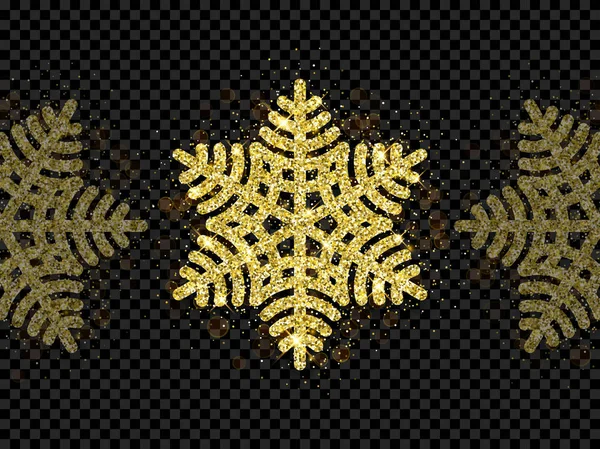 Christmas golden snowflake glitter pattern black background vector gold shine sparkle snow decoration — Stock Vector