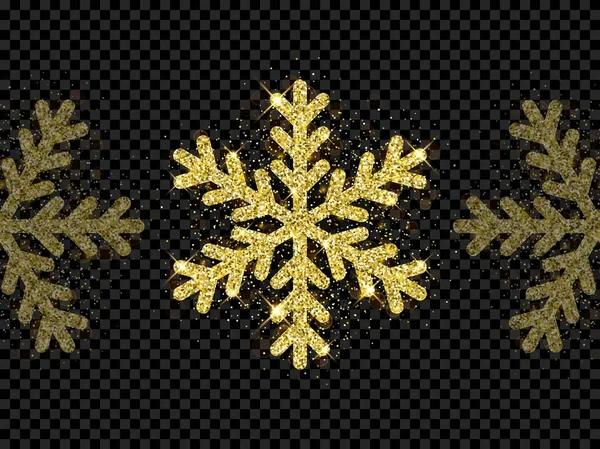 Weihnachten golden Schneeflocke Glitzermuster schwarz Hintergrund Vektor Gold Glanz Funkeln Schnee Dekoration — Stockvektor