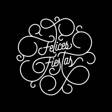 Yuvalarına Fiestas İspanyolca Happy Holidays hat yazı tebrik kartı tasarımı için dalgalı çizgi Typography'nin güzelleşmek. Vektör şenlikli süs alıntı metin girdap deseni anahat siyah arka plan