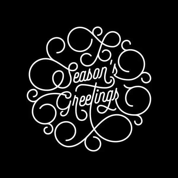 Season Greetings flourish calligraphy lettering of swash line typography for greeting card design. Vector festive ornamental New Year or Christmas quote text of swirl pattern outline black background — Stock Vector