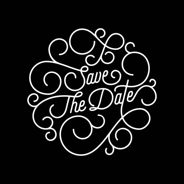 Save the Date flourish calligraphy lettering of swash line typography for wedding invitation card design. Vector festive ornamental wedding Save Date quote text of swirl pattern on black background — Stock Vector