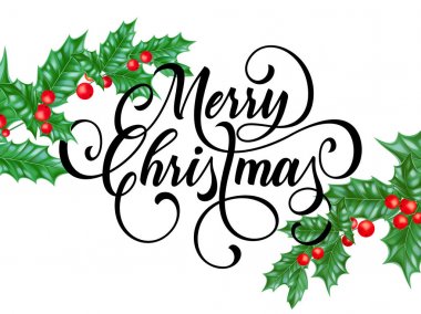 Yeni yıl holly yaprak ve beyaz zemin üzerine kırmızı dut neşeli Noel tebrik kartı. Vektör tasarım şablonu ve Noel hat kış sezon tatil kutlaması için metin dileğiyle