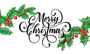 Kutsal yaprak Şubesi kış tatil kar beyaz arka plan üzerinde neşeli Noel tebrik kartı. Tasarım ve dekorasyon yeni yıl veya Noel sezon kutlaması için yazı vektör hat dilek metin