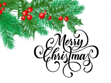 Yeni yıl holly yaprak beyaz arka plan üzerinde neşeli Noel tebrik kartı. Metin ve kırmızı dut dalı kış sezon tatil kutlaması için vektör tasarım şablonu ve Noel hat dileğiyle