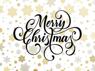 Neşeli Noel tebrik kartı altın kar tanesi ve sigorta primi zemin üzerine altın ışıltılı yıldız deseni. Vektör Noel ve yeni yıl diliyorum hat metin için kış sezon tatil tasarım şablonu