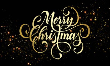 Neşeli Noel tebrik kartı altın şenlikli, glitter konfeti veya sigorta primi siyah arka plan üzerinde parlak havai fişek. Dilek metin tasarım Noel için kış tatili yazı vektör altın hat