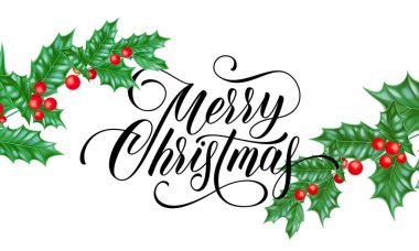 Yeni yıl holly yaprak ve beyaz zemin üzerine kırmızı dut neşeli Noel tebrik kartı. Vektör tasarım şablonu ve Noel hat kış sezon tatil kutlaması için metin dileğiyle