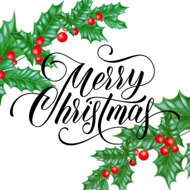 Kutsal yaprak Şubesi kış tatil kar beyaz arka plan üzerinde neşeli Noel tebrik kartı. Tasarım ve dekorasyon yeni yıl veya Noel sezon kutlaması için yazı vektör hat dilek metin