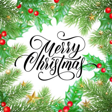 Neşeli Noel tebrik kartı Noel çam veya köknar ağacı ve holly şube, altın dekorasyon, yıldız ve beyaz arka plan üzerinde ışıklar. Tasarım kış tatil yeni yıl için yazı vektör hat