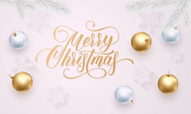 Altın dekorasyon topları, altın ışıltılı konfeti ve yıldız glitter premium beyaz arka plan üzerinde neşeli Noel tebrik kartı. Vektör Noel ve yeni yıl diliyorum hat metin kış tatil için
